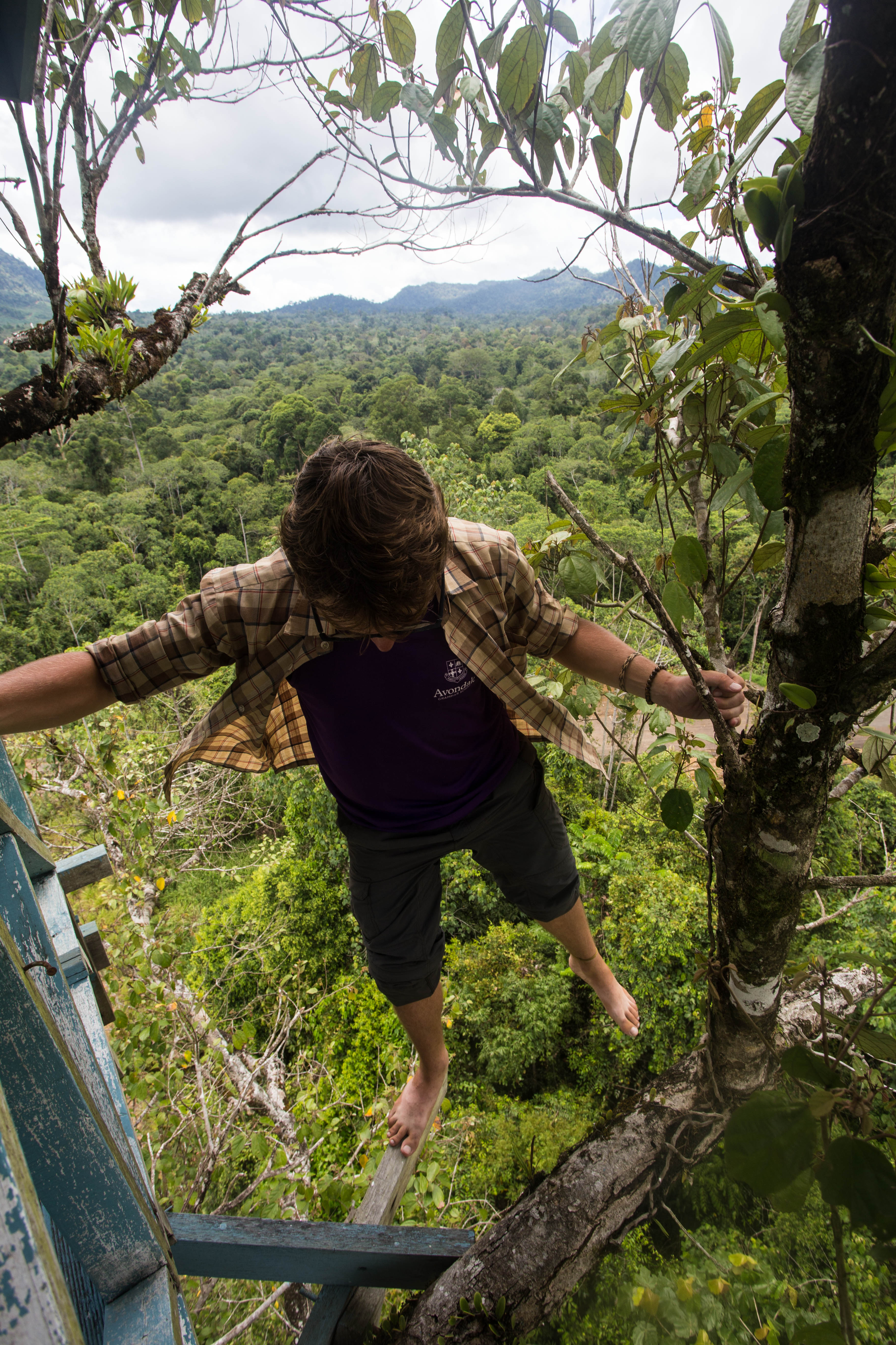 Clément balancing precariously on a lone beam atop the tree-house