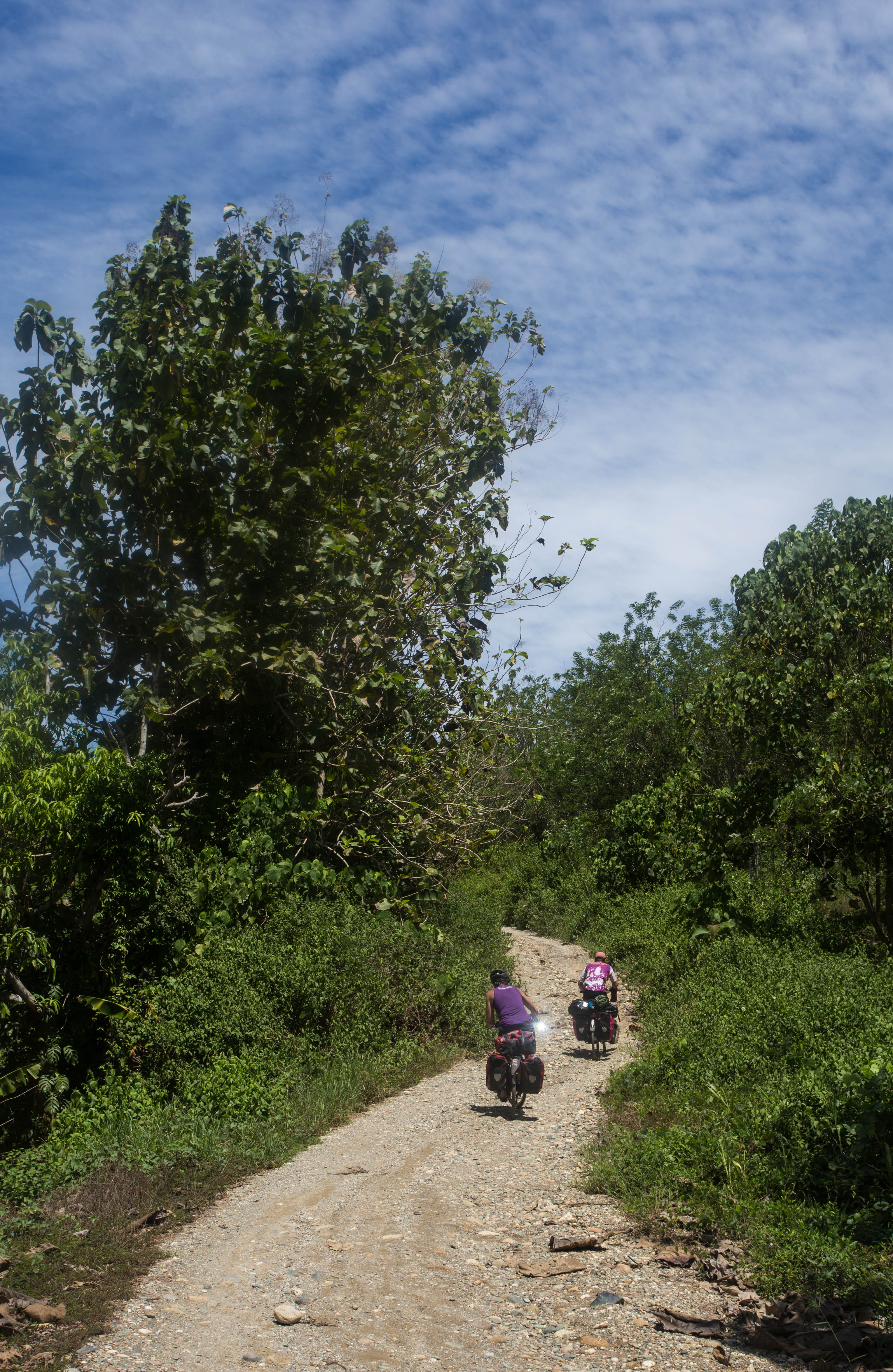 Clément and Matthew traversing the rough, gravel track which had made for such an adventurous start to Sulawesi