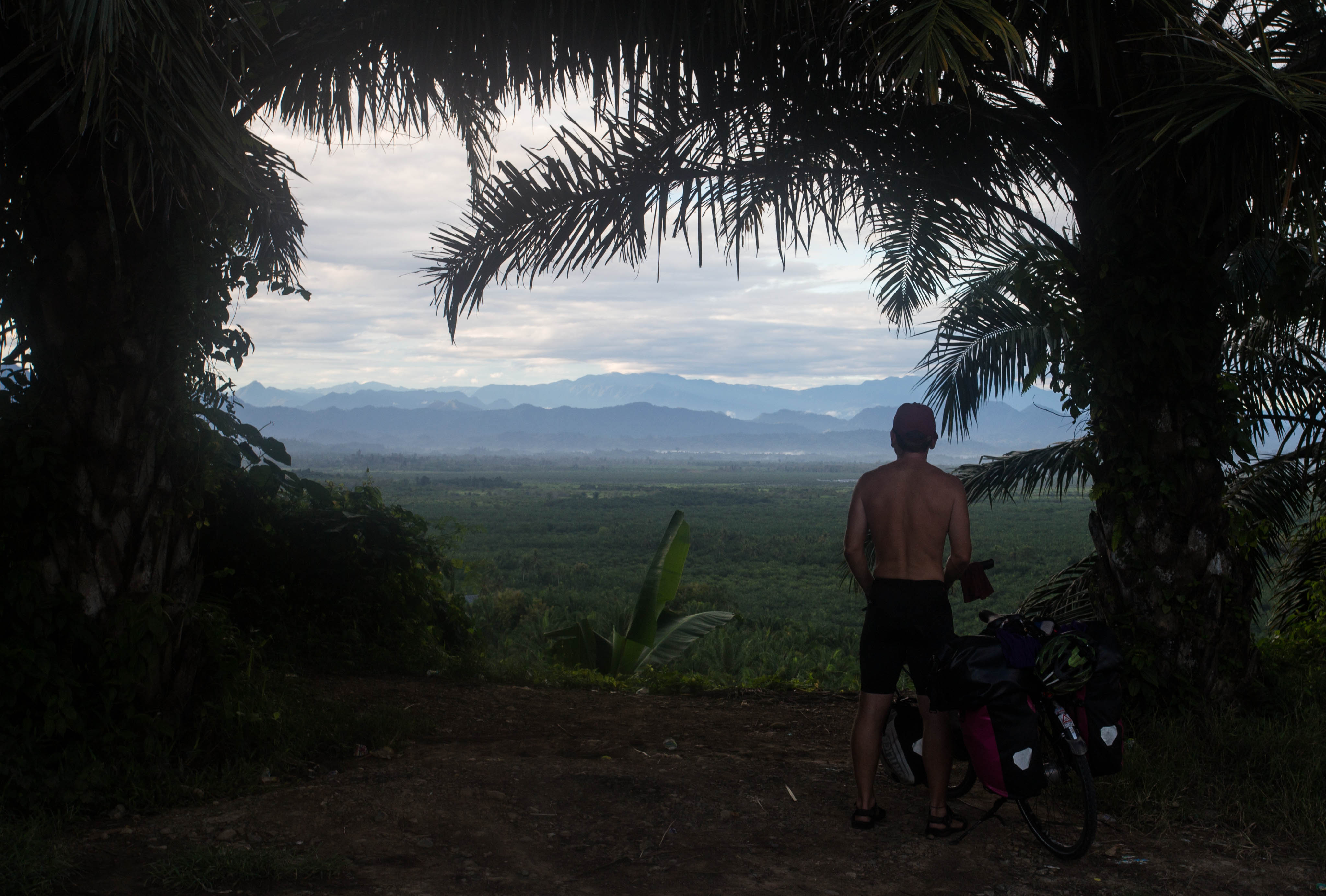 Matthew admiring the great dawn view over the plains from our perch above some palm oil plantations