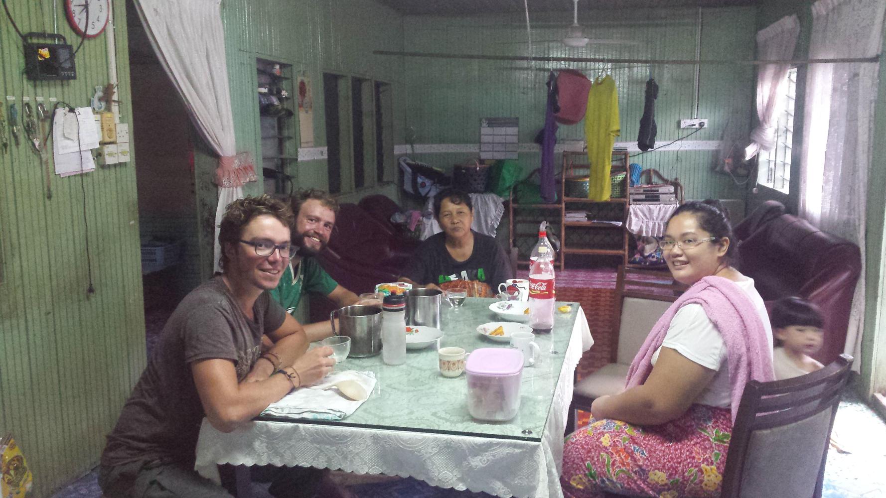 Enjoying breakfast with the family of the chief the next morning (Thanks to Matthew for the photo)