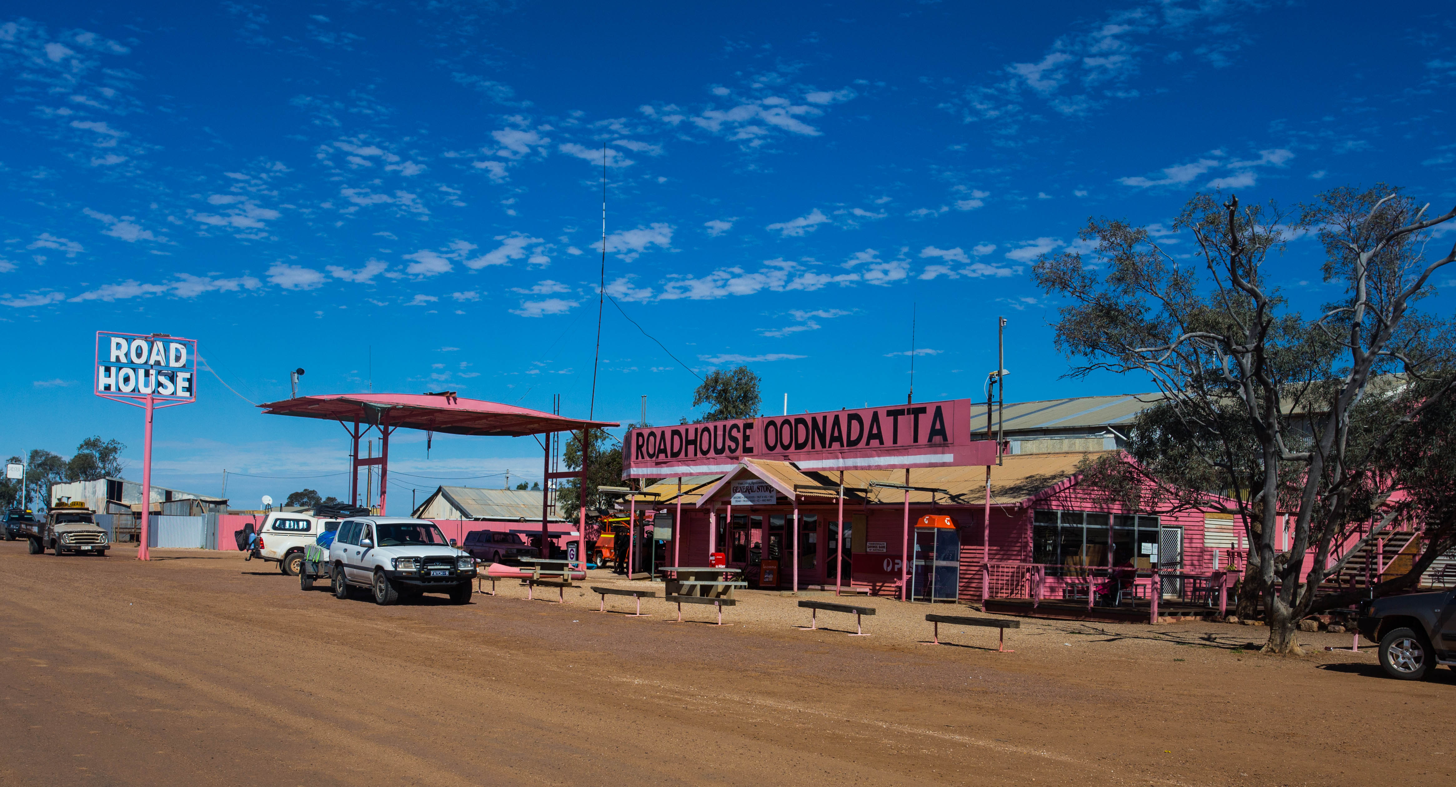 Reaching the famous Pink Roadhouse in Oodnadatta, where I could stock up on food and water after 2.5 days in the wilderness