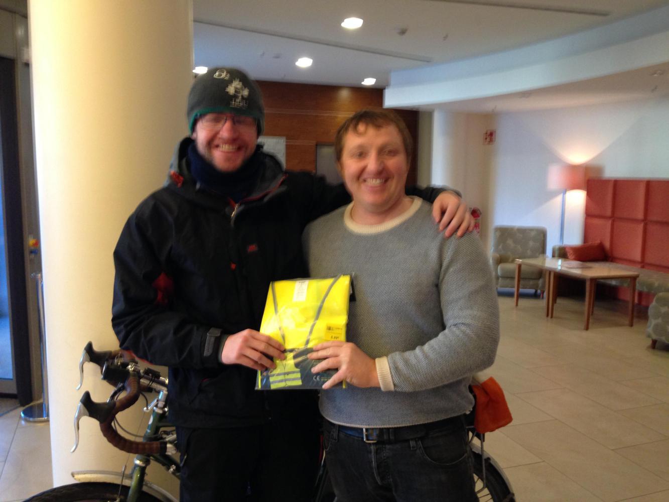 Evidence of the hi-viz jacket being safely handed over in the lobby of our Jena hotel
