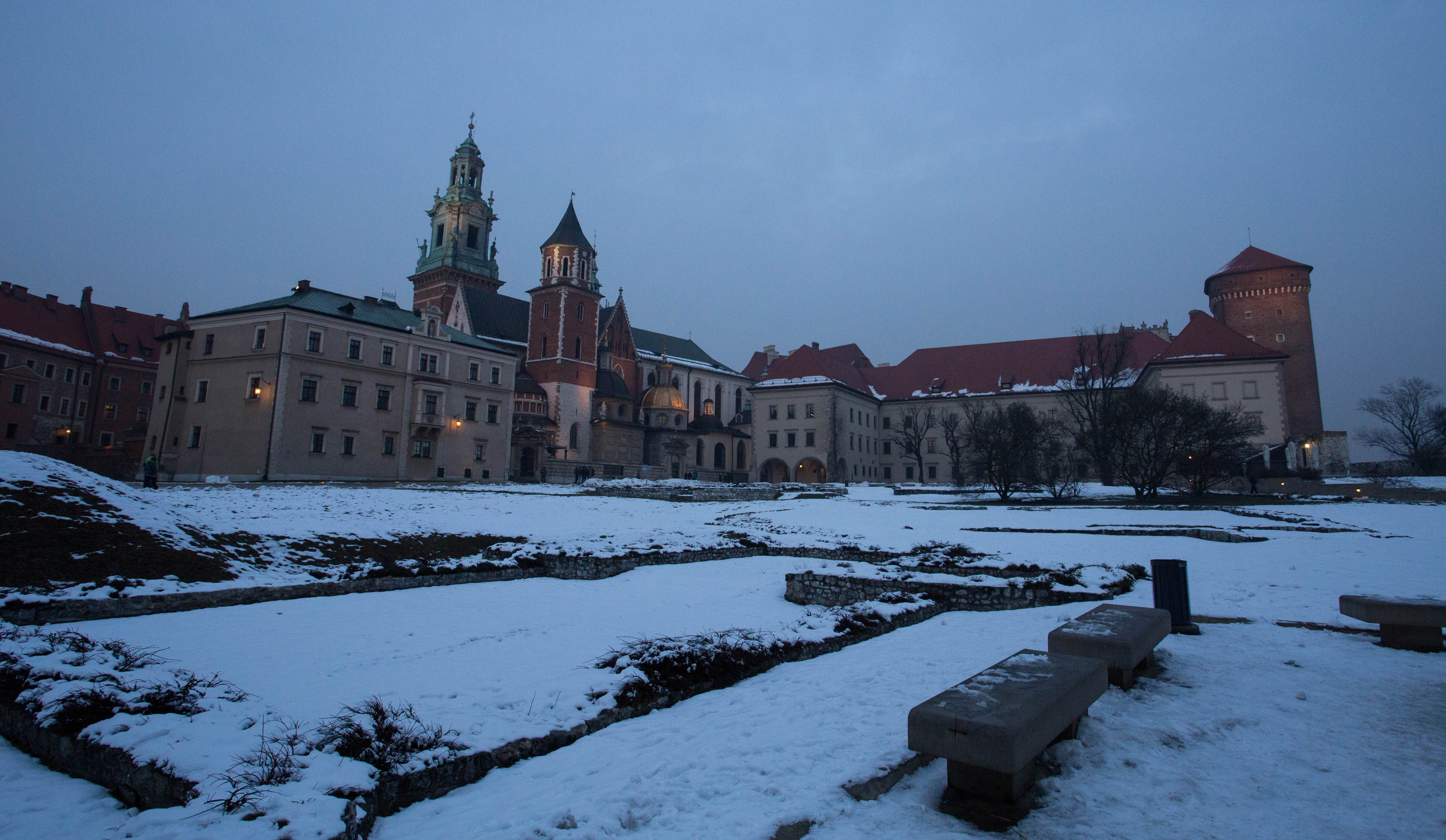 Taking an evening stroll around the grounds of the Wawel Royal Castle in Krakow