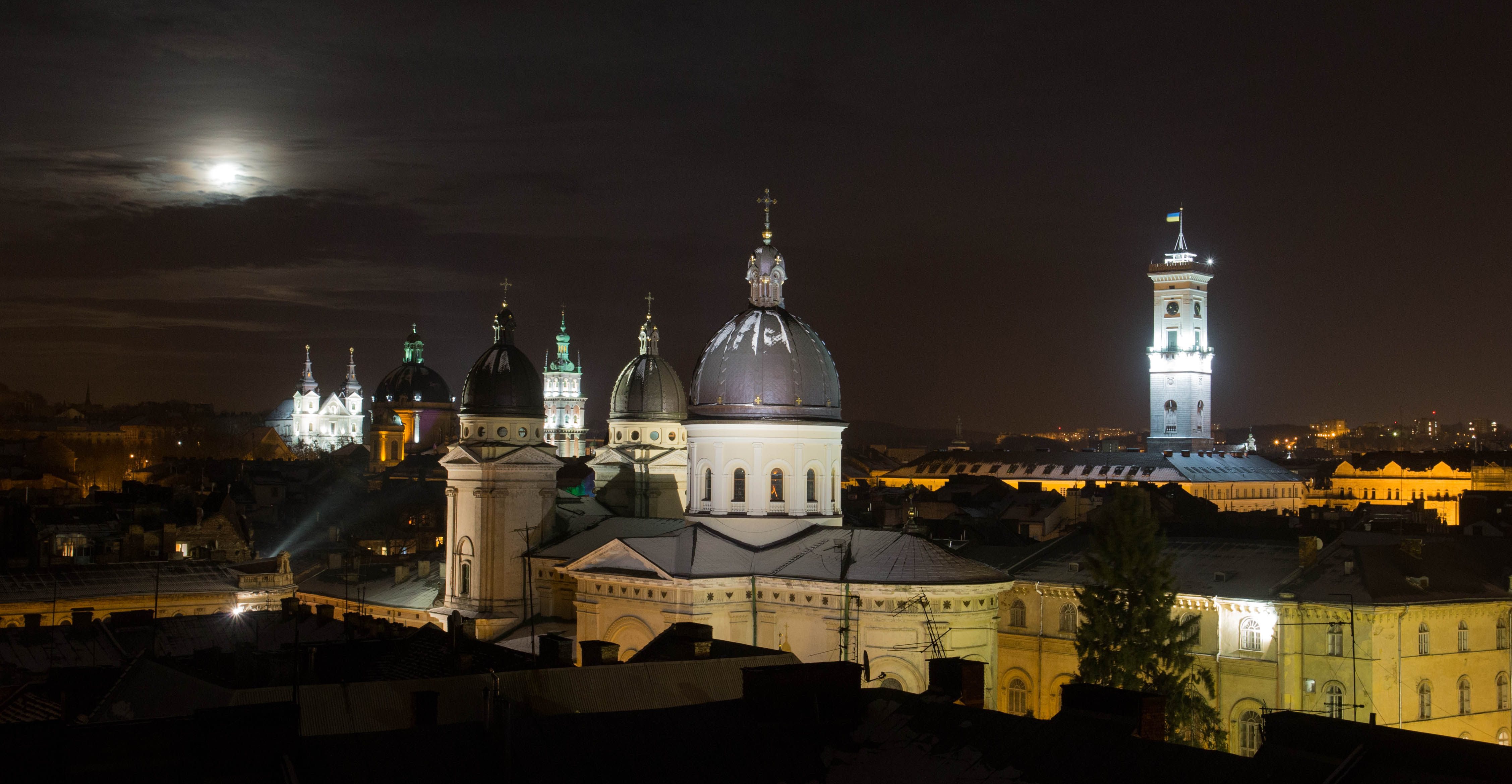 Our view of the historical Lviv skyline from our perch on the ridge of the sloping roof