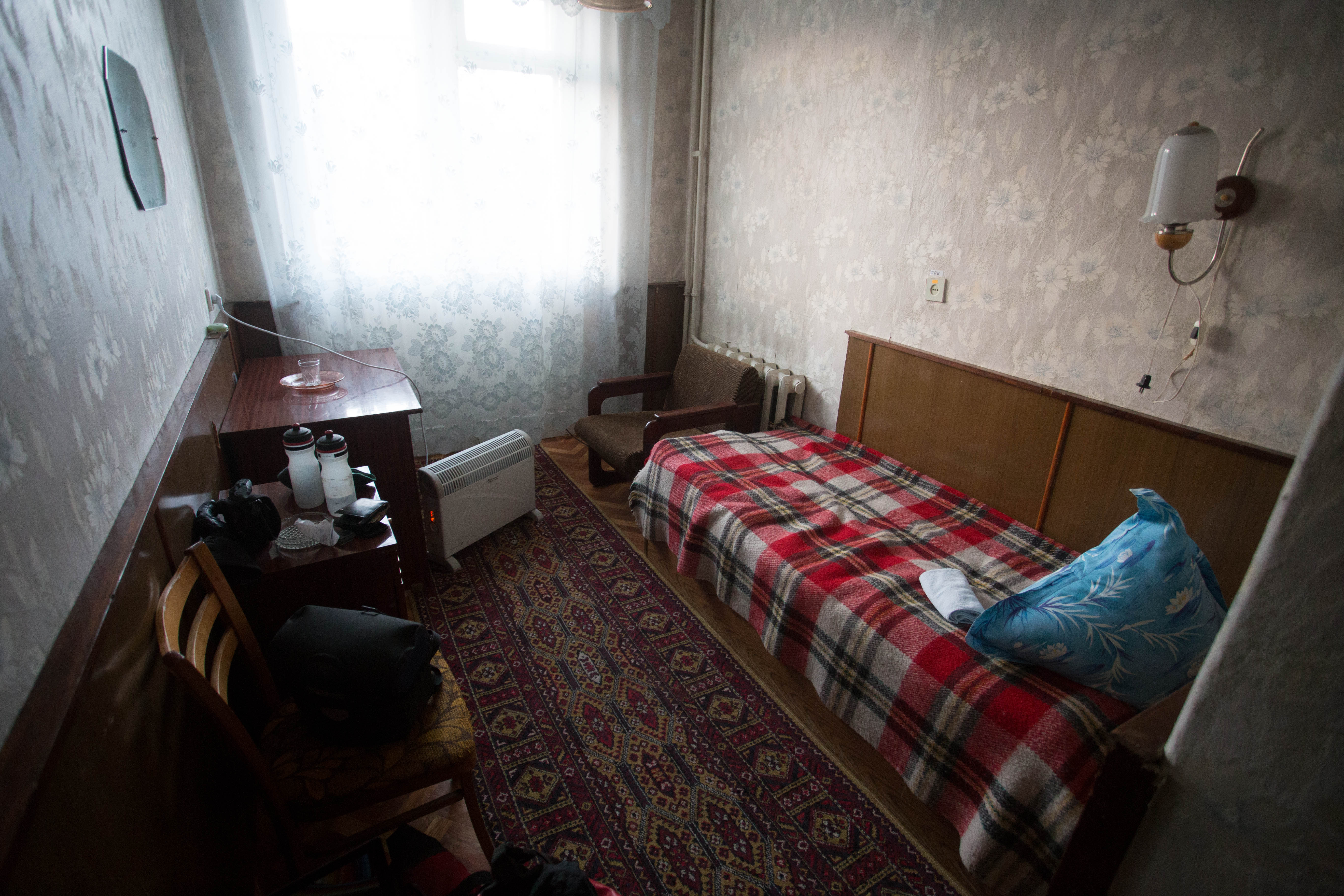 My cosy Valentine's Day room in Balti, Moldova. Not pictured: Bathroom with pipe held together with barbed wire. Solemn man with battered metal bucket of cold water.