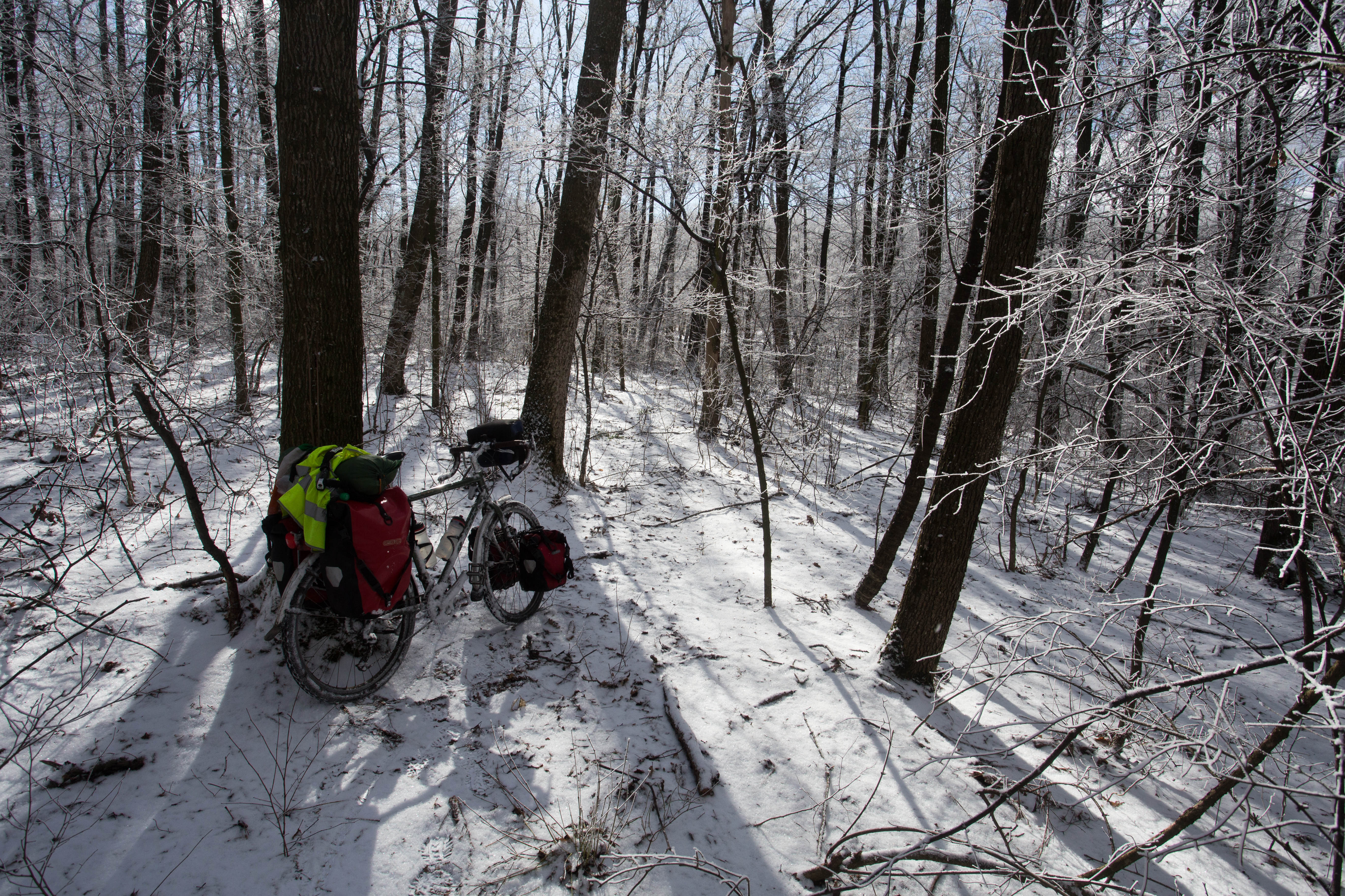 My bicycle ready to go after a long battle deconstructing and packing away my tent with numb, shaking hands