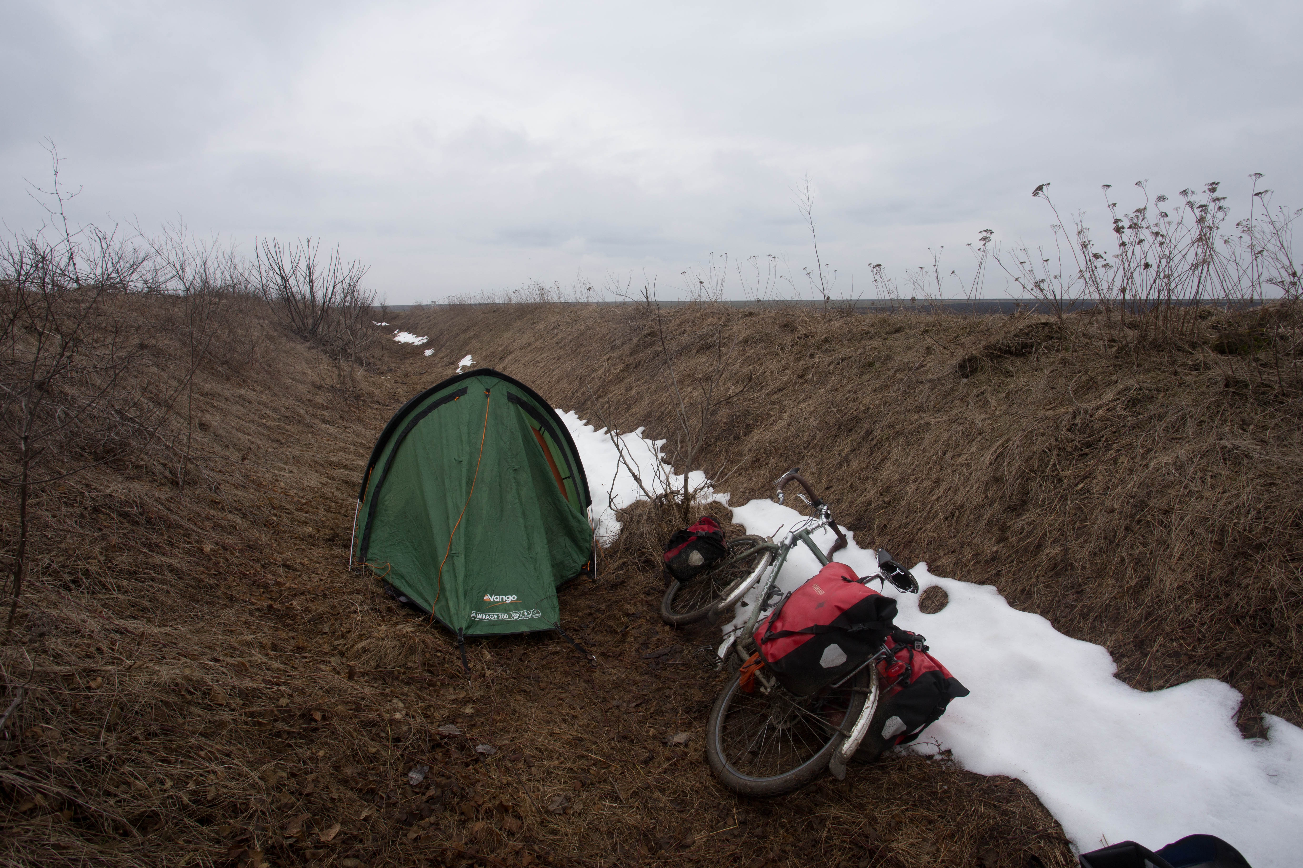 Camping in a luxurious, mostly snow-free ditch just shy of the Romania-Bulgaria border