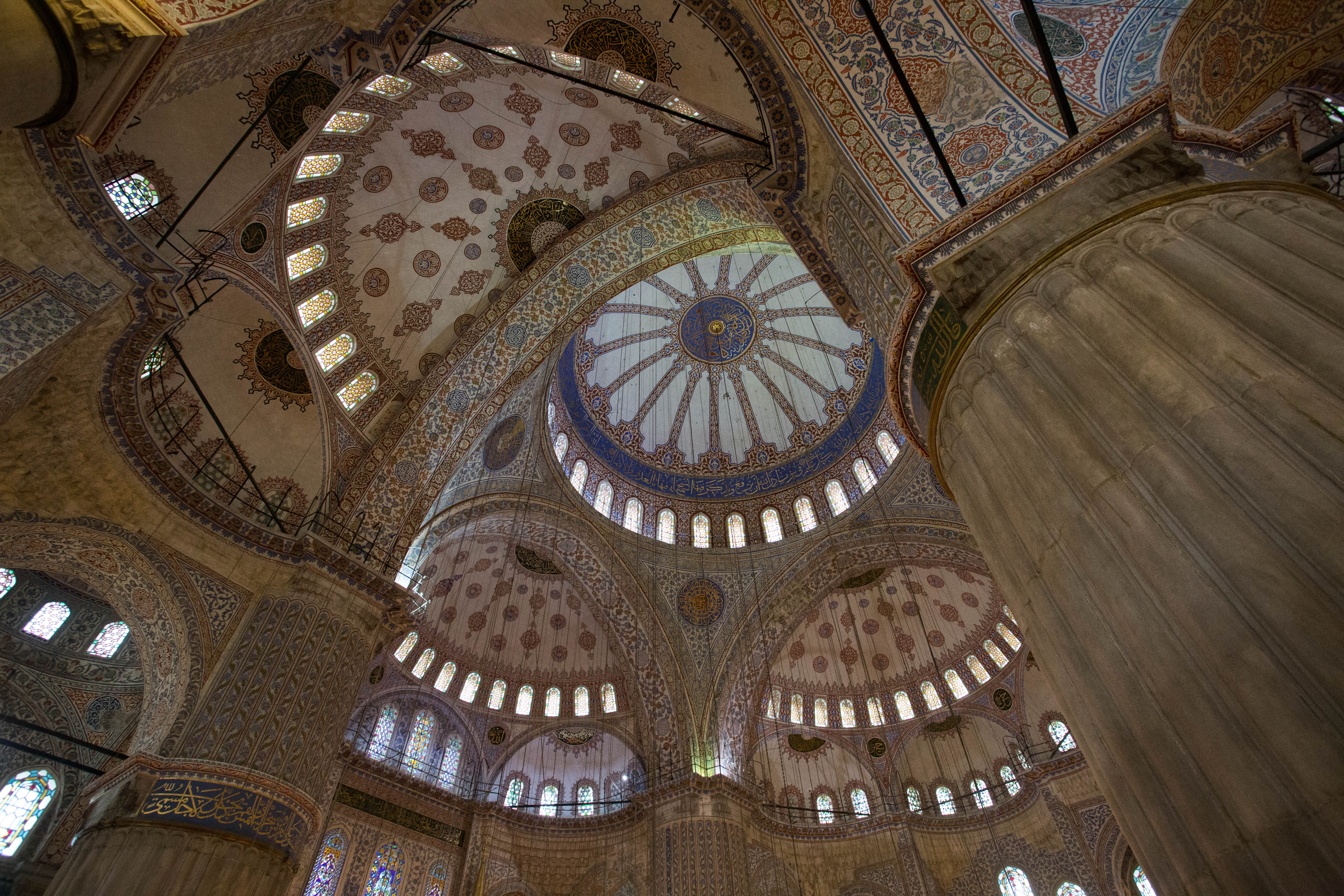The elaborate ceiling of the Blue Mosque