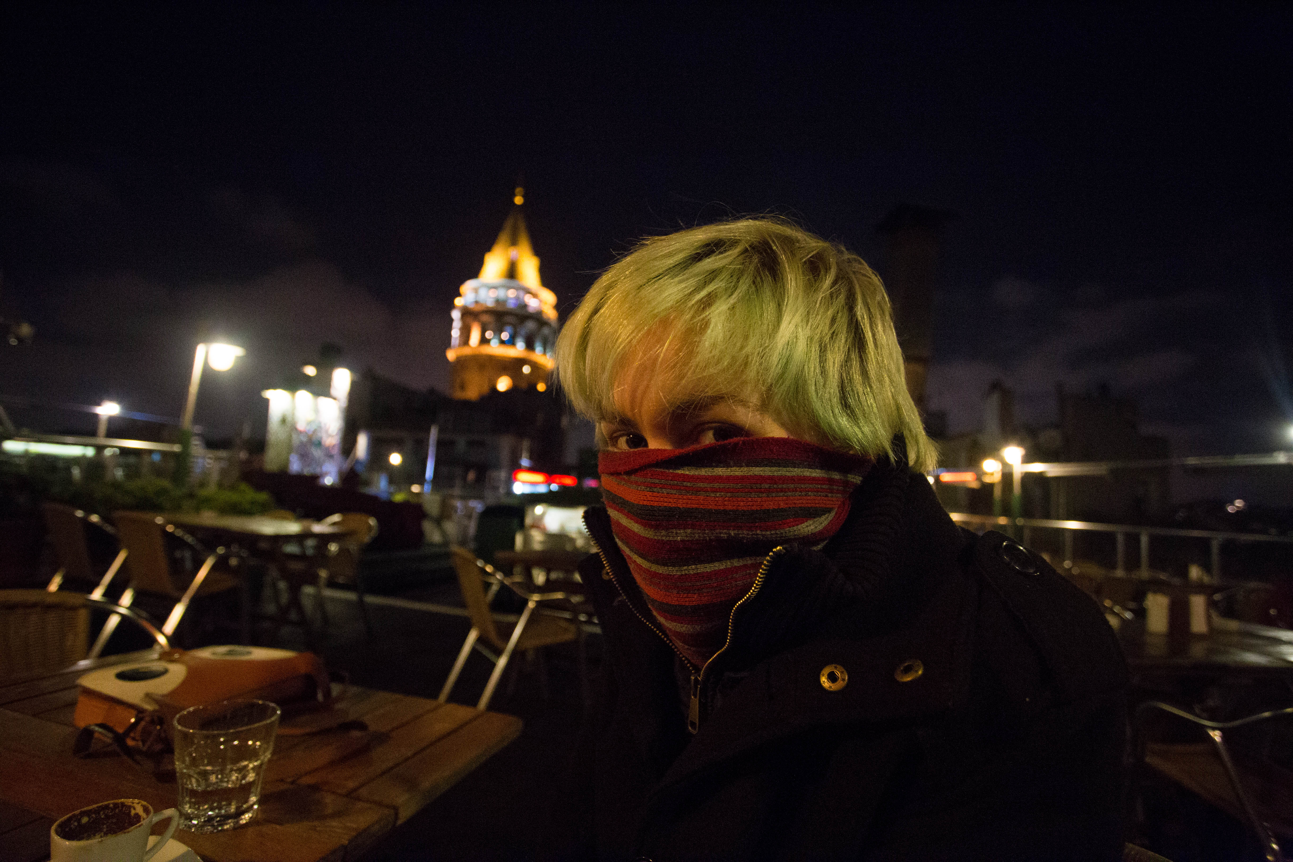 Elana wrapping up against the cold on our last night together overlooking Istanbul from a rooftop café