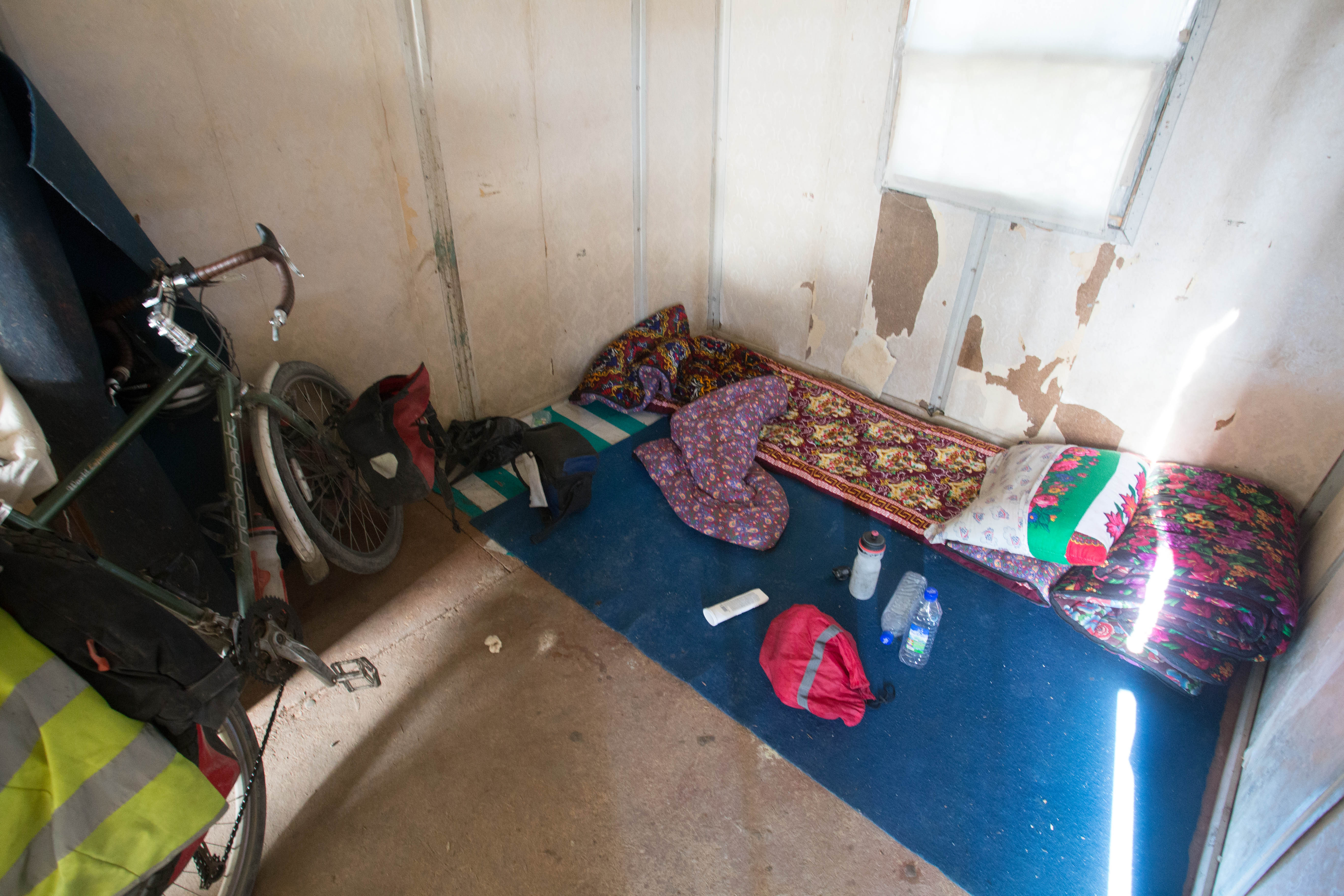 My stained mattress in the Uzbek granny's derelict caravan where I had to fight off her unwanted advances!