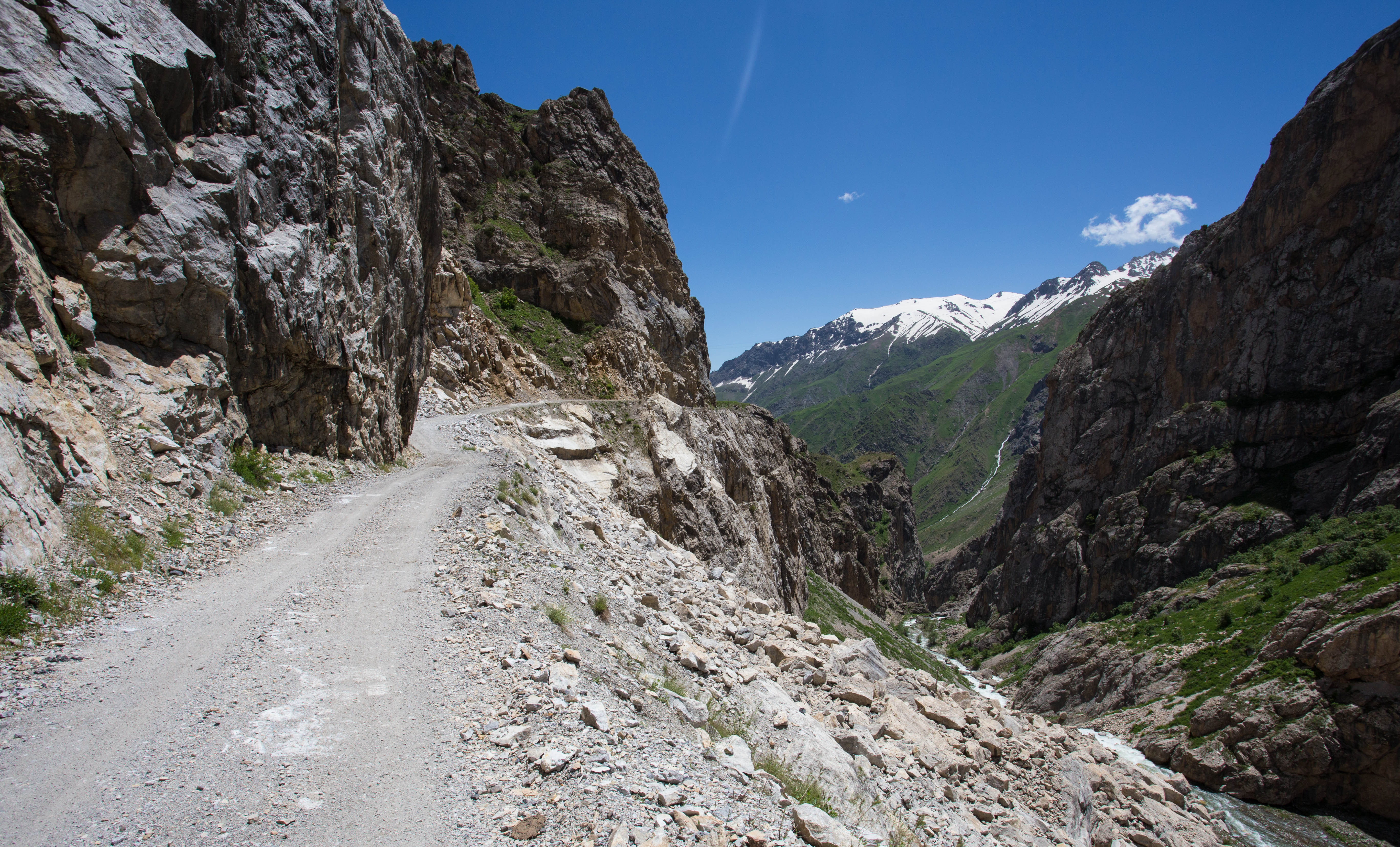 The cliff-side gravel track descending the far side of the Saghirdasht Pass