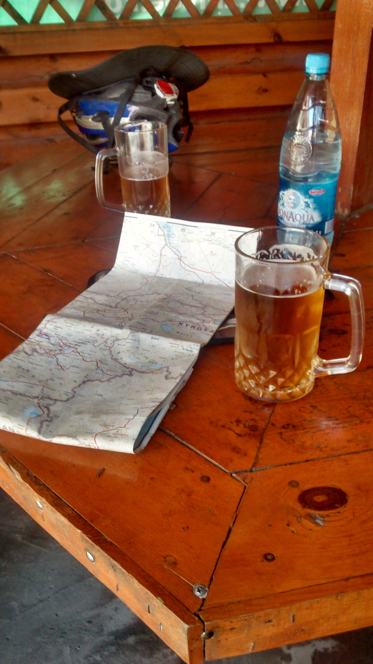 Kim and I knocking back some cold beer while waiting out the hottest part of the day on the Kyrgyz plains north of Osh