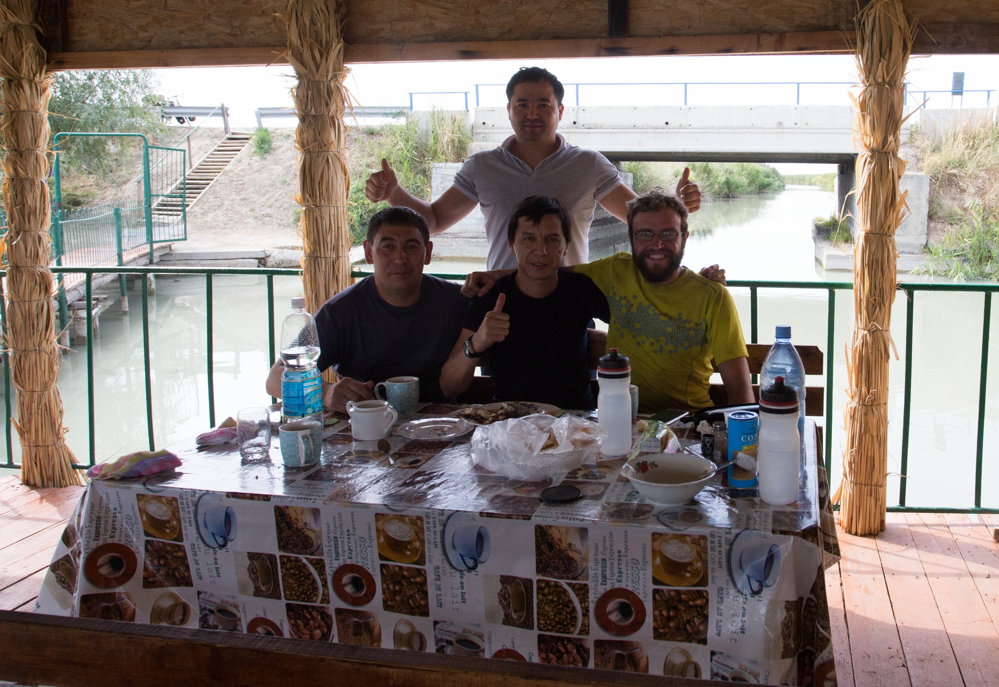 Stopping in at a rare chaihana. These kind Kazakhs insisted that I sit with them before immediately buying me lunch.