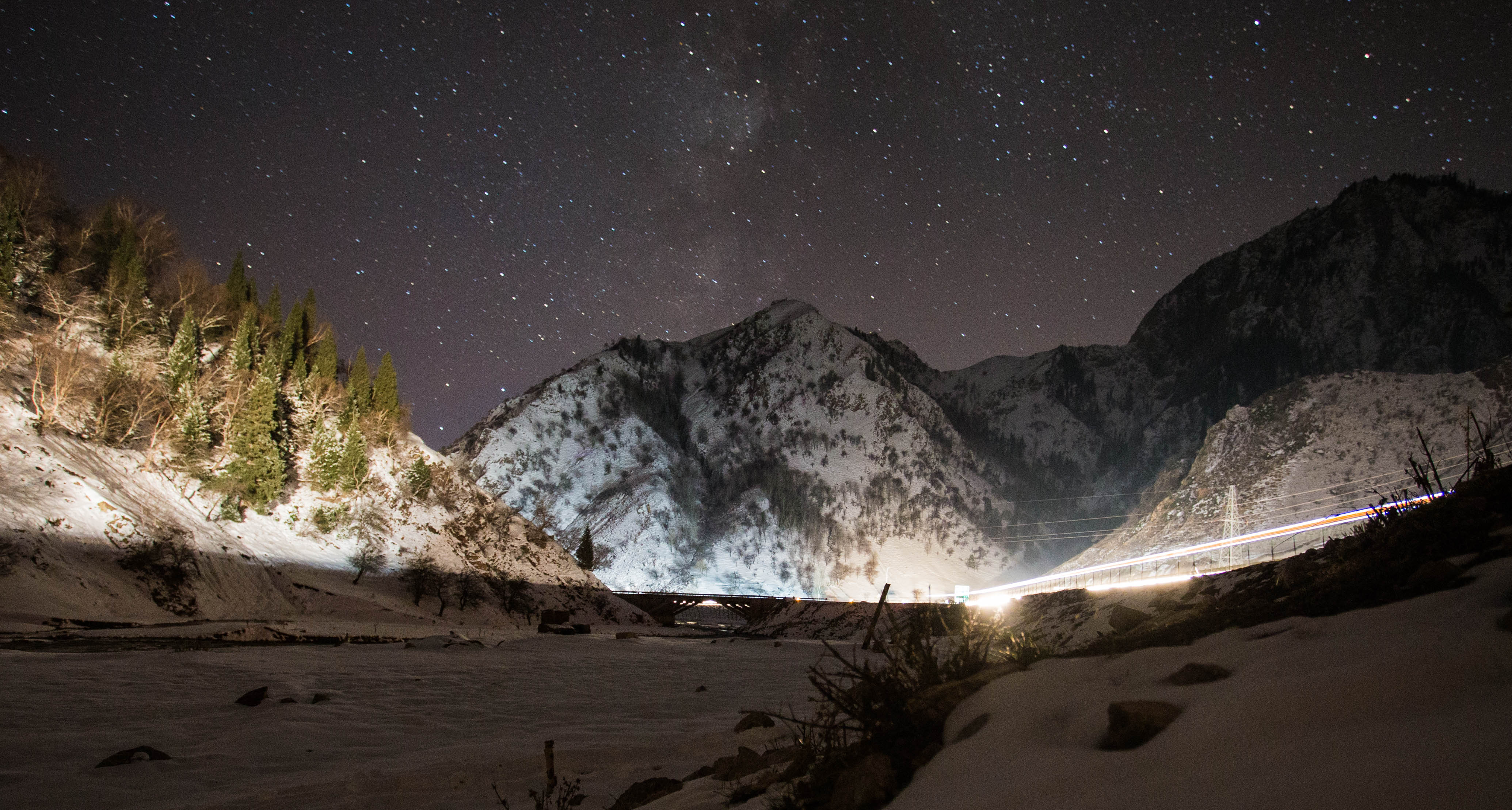 The view back down the valley from my tent. The traffic was lighting up the sides of the valley making for an interesting light show.