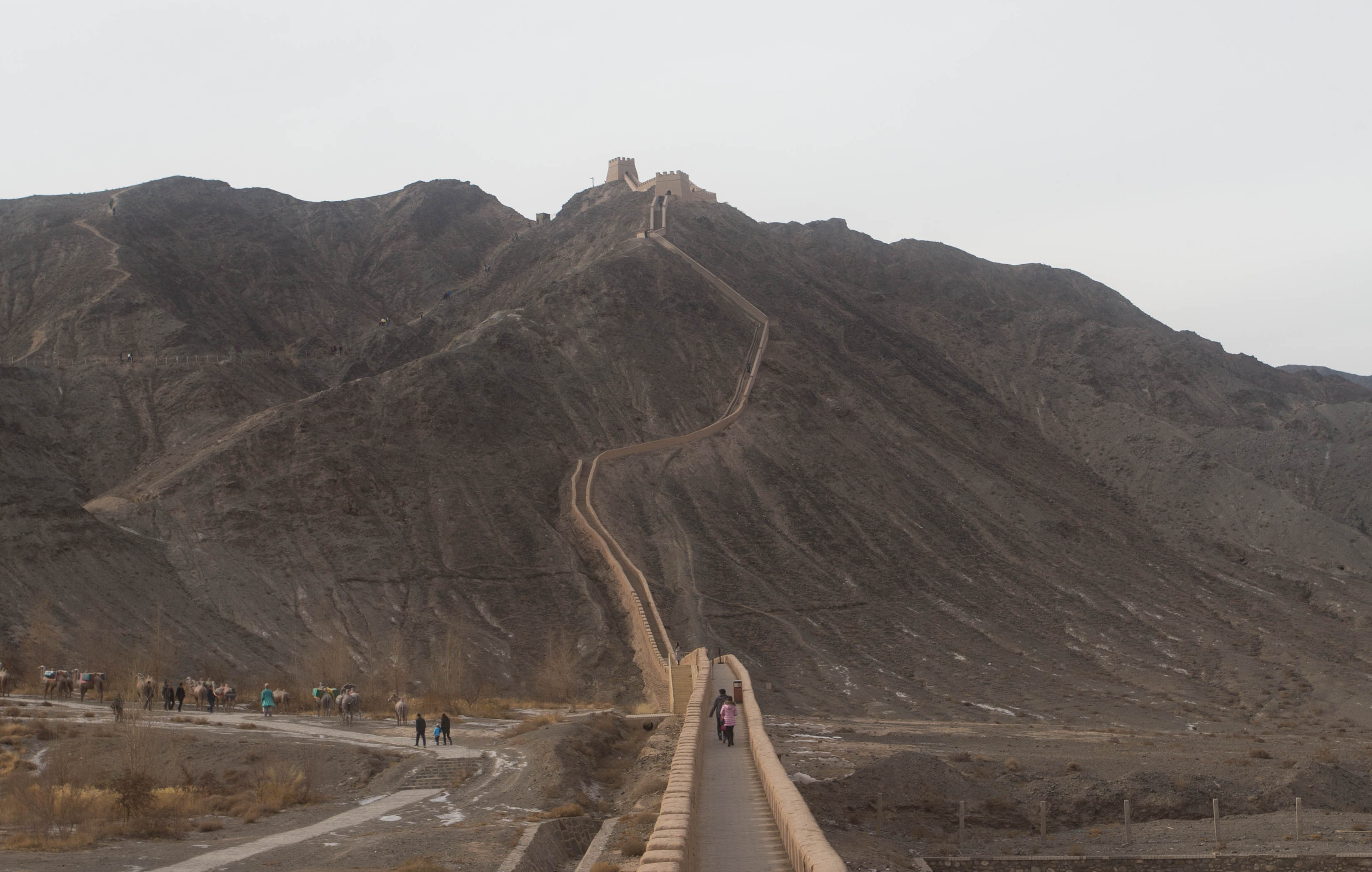 A restored section of the Great Wall of China just outside of Jiayuguan