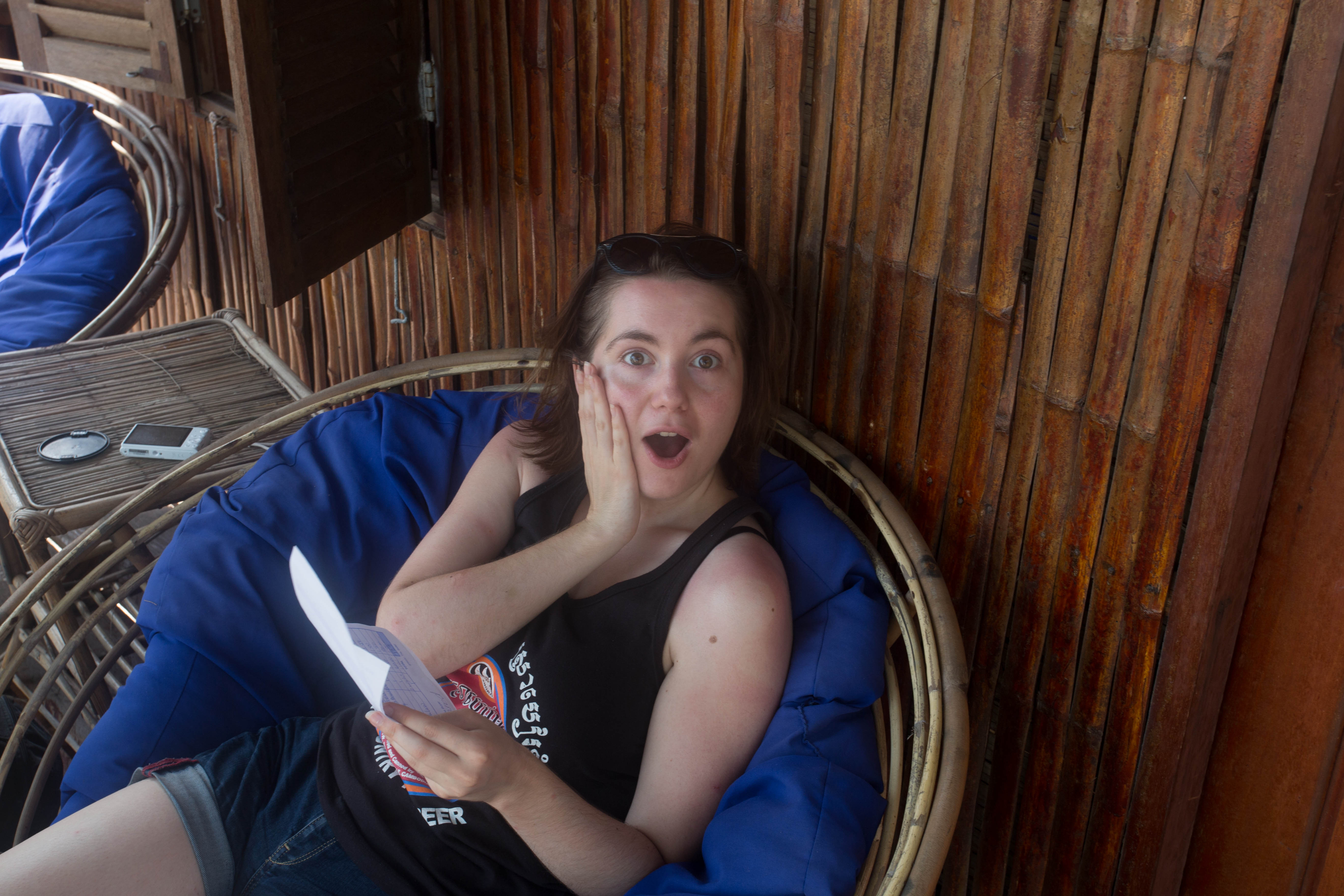 Elana's reaction after seeing the bill we had racked up after two days of eating, drinking and sleeping in this island paradise!