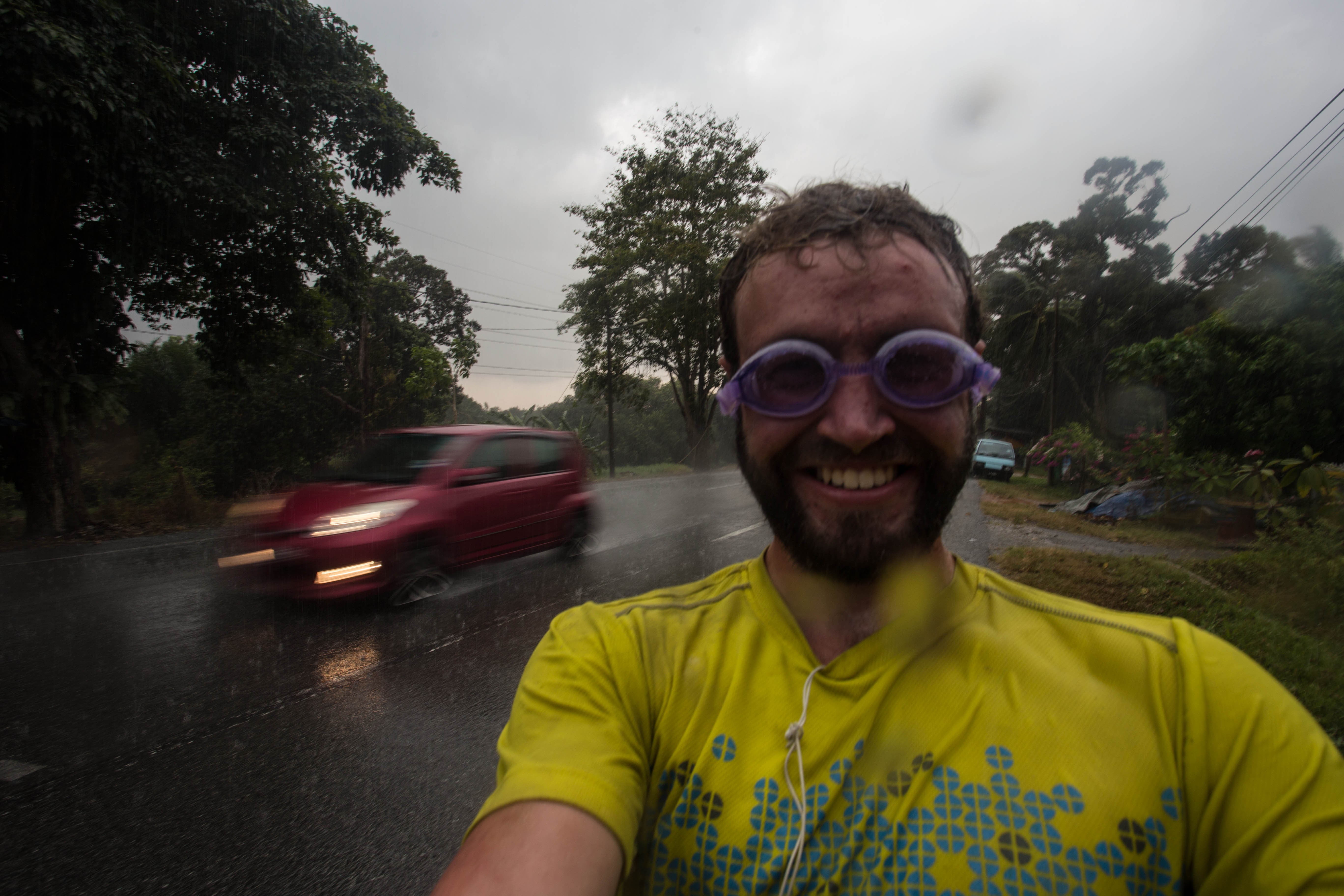 Trying out the newest look in cycling fashion during the intense monsoon rains of Malaysia