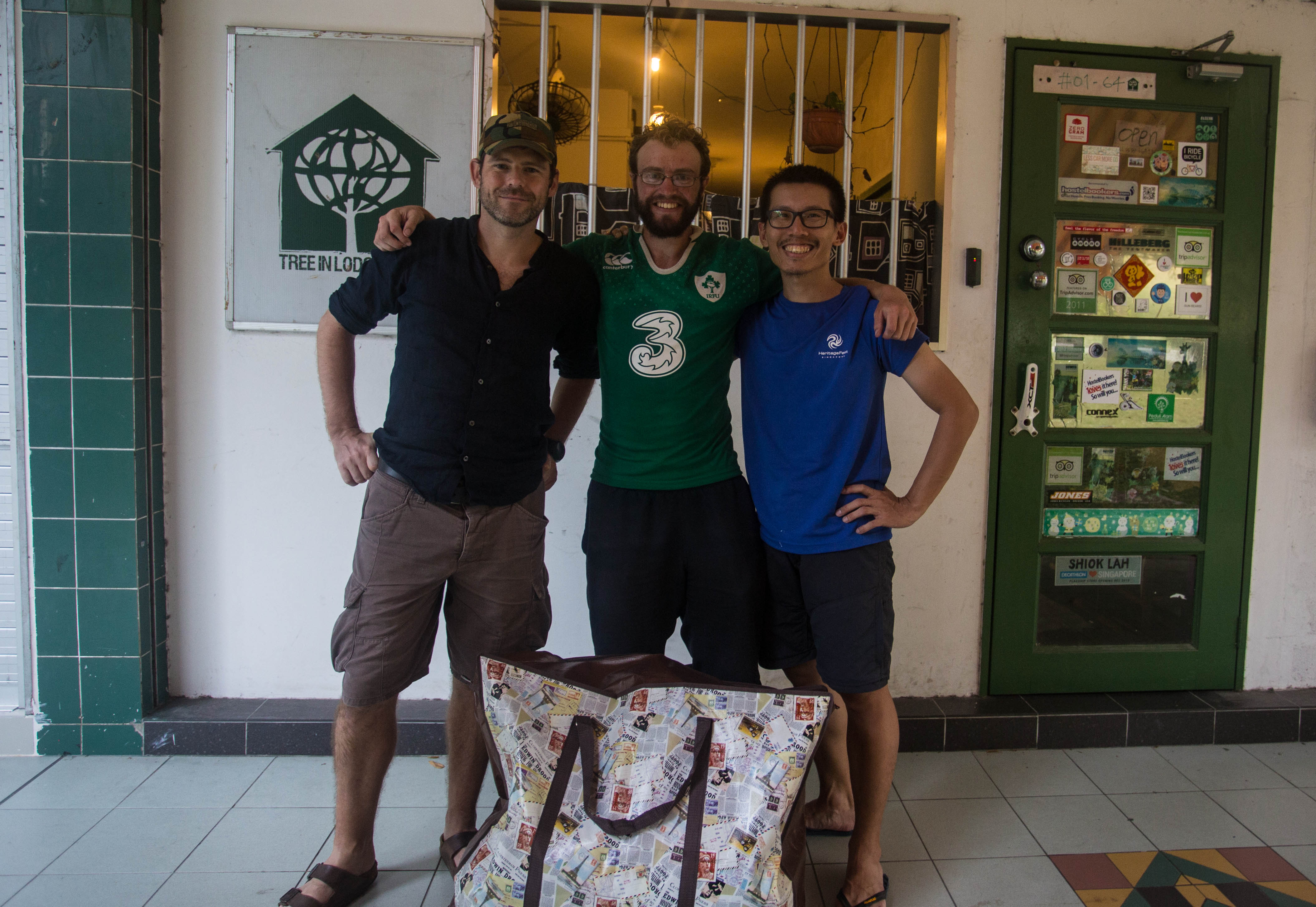 A parting shot with two cycle touring legends in Singapore, Andy Peat and SK (who helped me hugely by sourcing a bike box and tools to dismantle my bicycle for my flight to Borneo)