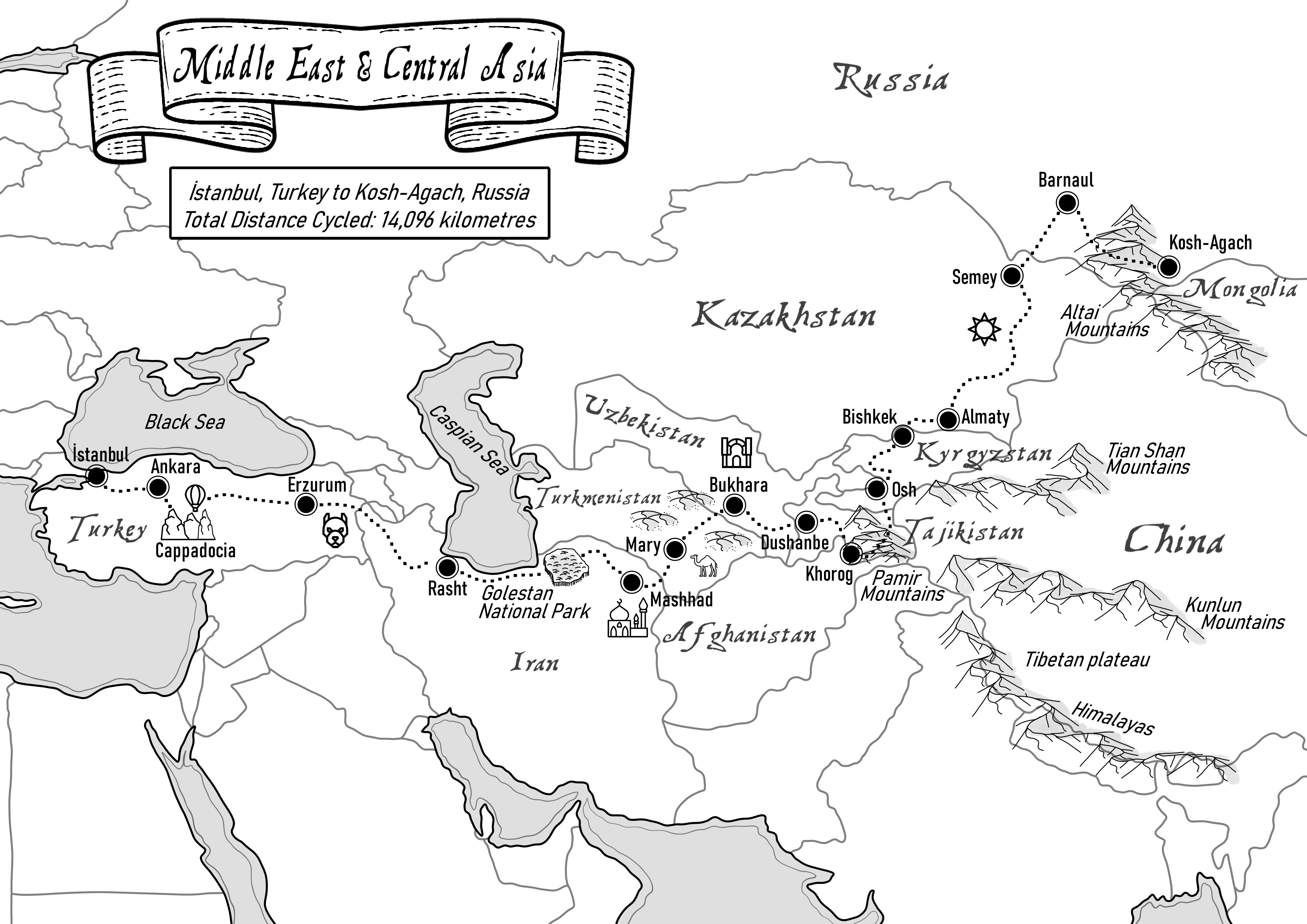 Map of my cycle across Middle East & Central Asia from Istanbul, Turkey to Kosh-Agach, Russia