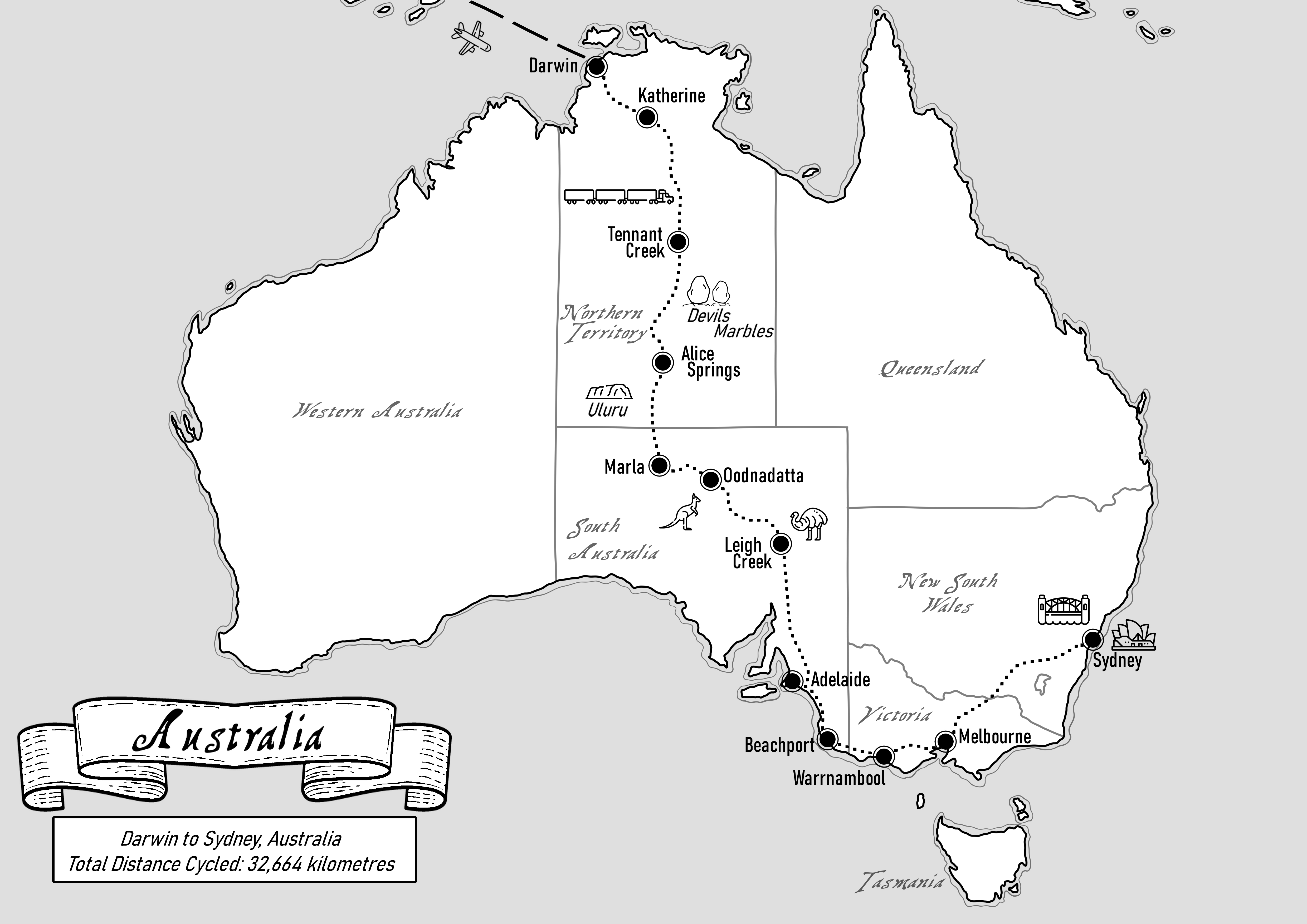Map of my cycle across Australia from Darwin to Sydney